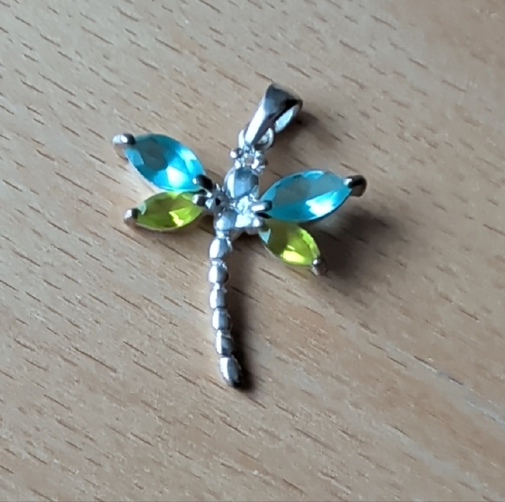 Sterling Silver Dragonfly Pendant with Blue and Green Accents